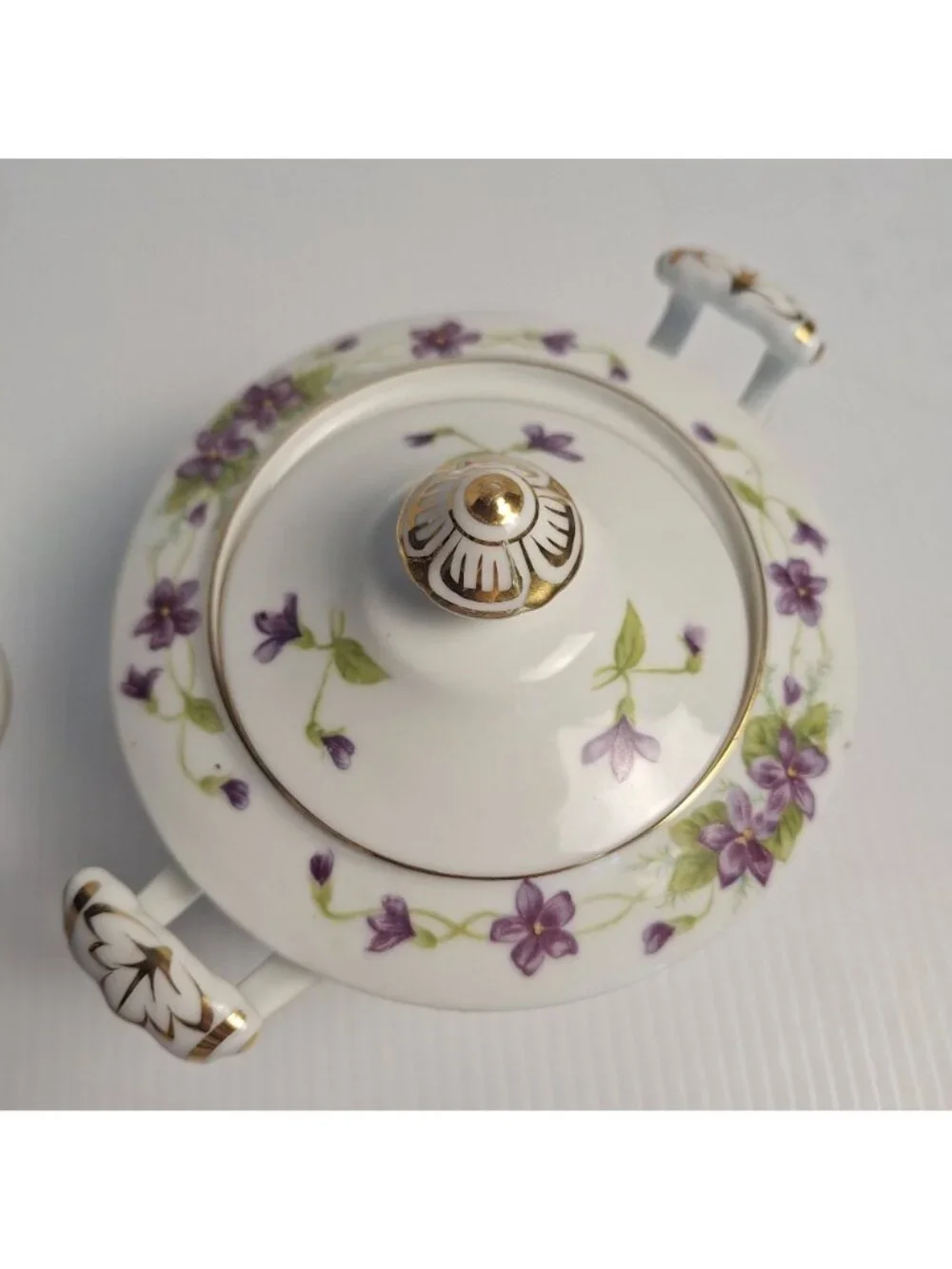 WENTWORTH CHINA JAPAN PURPLE FLORAL GOLD TRIM CREAM AND LIDDED SUGAR SET VIOLA